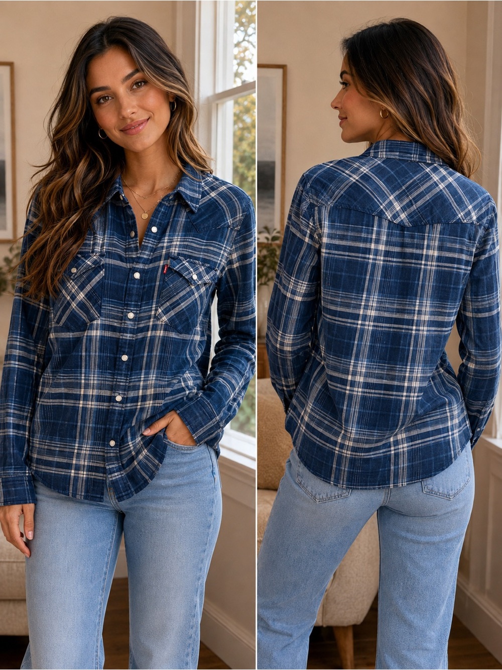 Levi's Women's Navy and White Plaid Button-Down Shirt